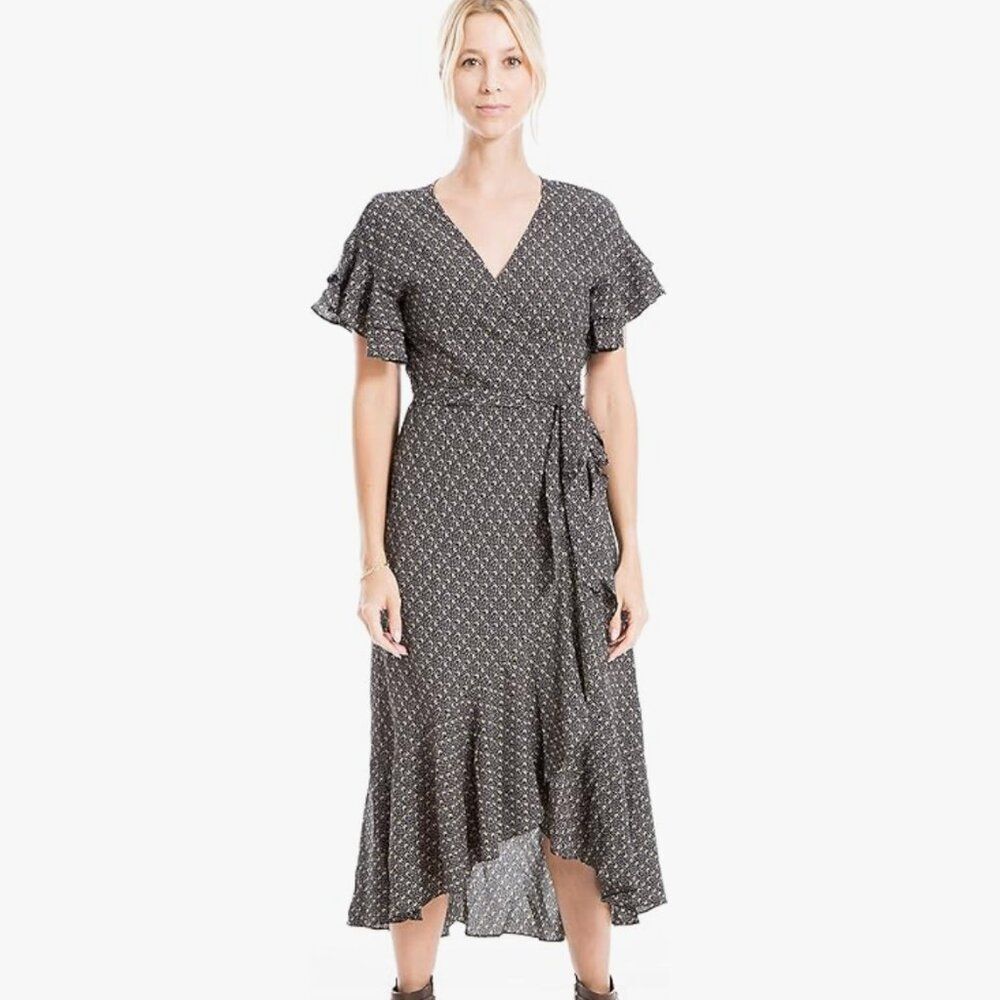 Max Studio Ruffle Crepe High Low Wrap Midi Dress Black/White/Red, Size XS